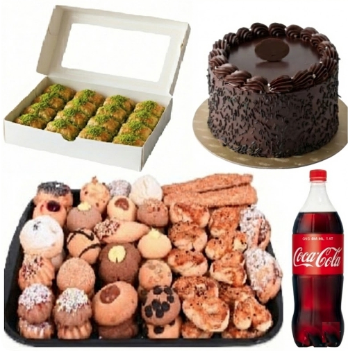 2-3 Kişilik Çikolatalı Yaş Pasta + Kuru Pasta + Fıstıklı Baklava Menü pasta